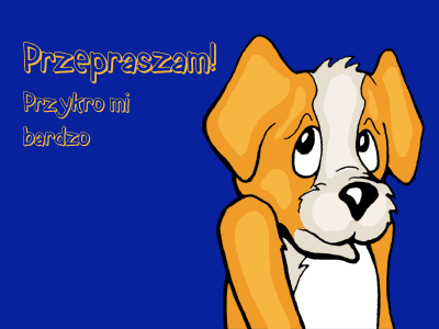 Niebieska kartka z pieskiem, który przeprasza